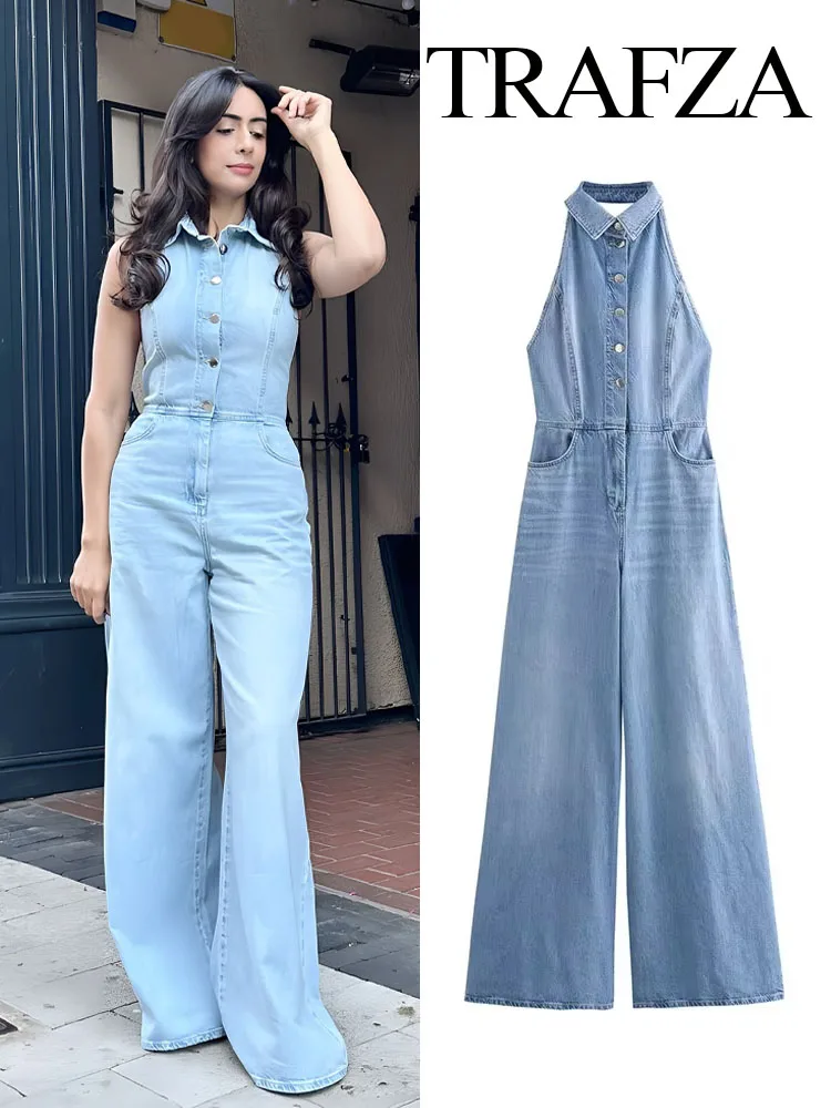 TRAFZA Women's Summer High Street Jumpsuits Denim Blue Sleeveless Backless Pockets Single Breasted ​​Female Fashion Jumpsuit