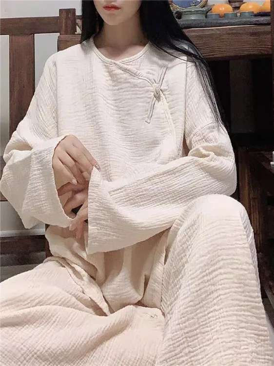 

Casual Wide Leg Pants Long Sve Meditation Tea Ceremony Women's Set Traditional Chinese Sle Button up Top Comfortable Cotton