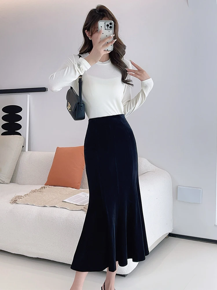 TIYIHAILEY - Damska spódnica welurowa z aksamitu, długa do połowy łydki, elastyczna talia, szyta na miarę XS-10XL, nowa, zimowa jesień, czarna, z polarową podszewką