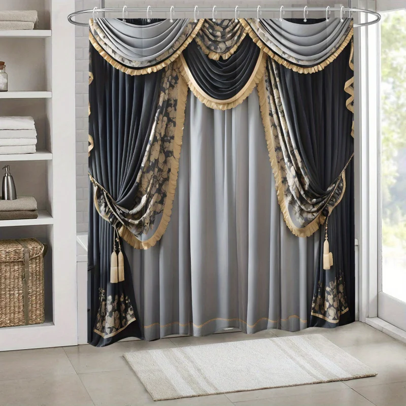 Elegant Floral Shower Curtain with Golden Trim - Waterproof Polyester, Machine Washable, Includes Hooks - Perfect for All Season