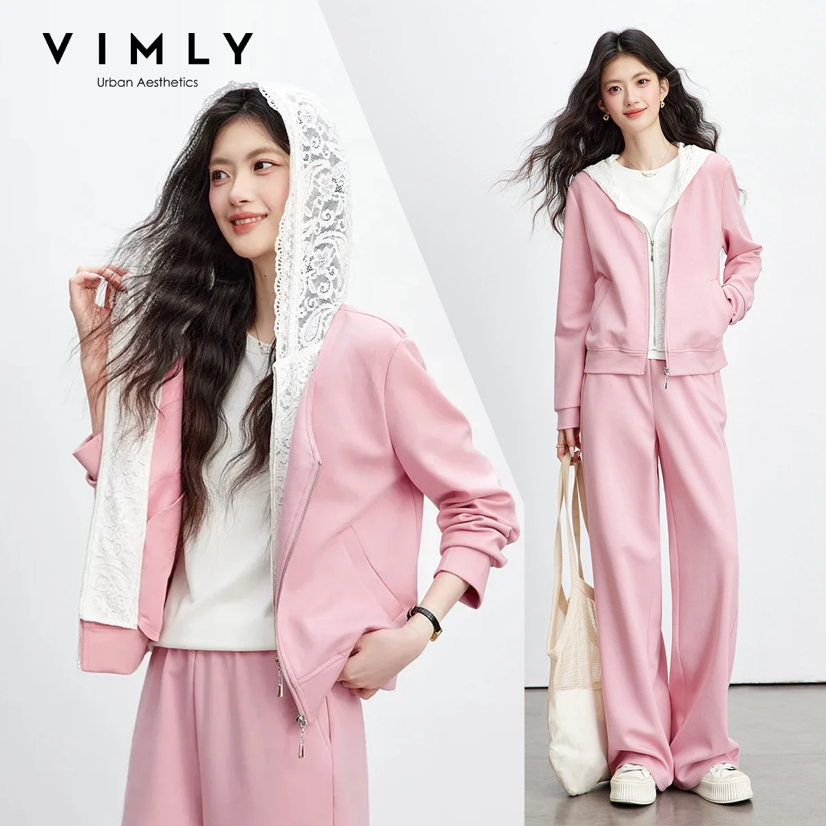 

VIMLY Women's Pink Tracksuit Casual Sport Two Piece Pant Set 2026 Spring Lace Hooded Zip up Jacket Wide Leg Sweat Pants A3381