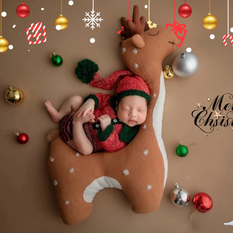 新生児写真撮影用小道具-ベビークリスマス用ポーズ用エルク-手編みの衣装と帽子付き-スタジオ写真撮影用