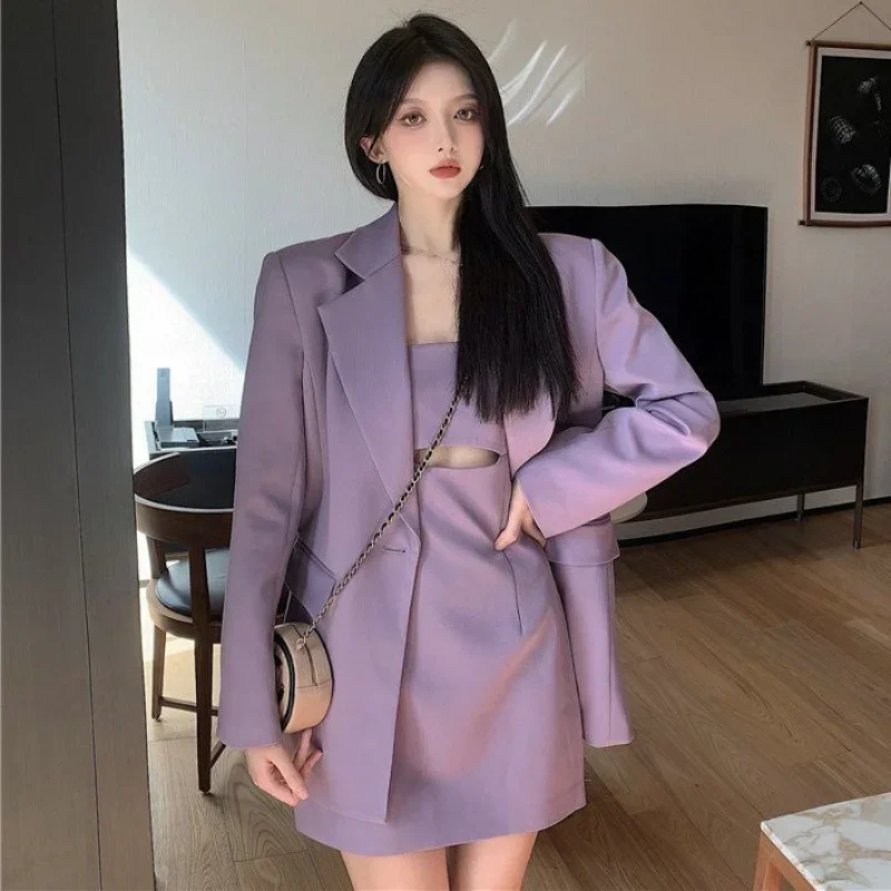 Mini Outfit Two Piece Set for Women Long Sleeve Summer 2024 Purple Suit with Skirt and Blazer Womens Short 2 Sets Sexy Vintage