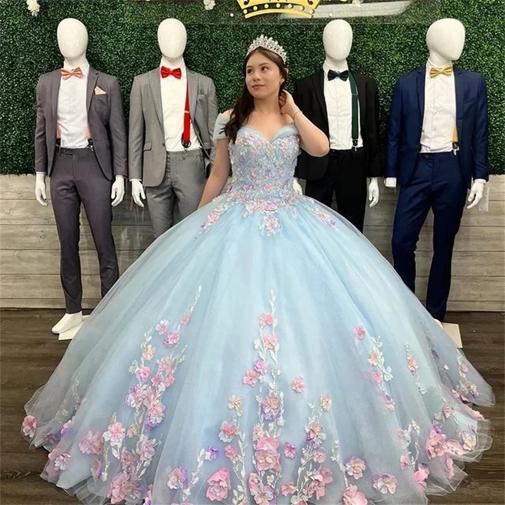 Abito da ballo con spalle scoperte blu cielo abiti da Quinceanera fiori 3D Appliques floreali abiti di pizzo De 15 Anos abiti da festa principessa