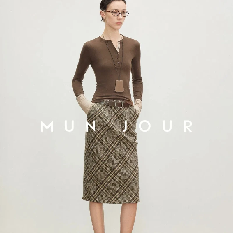 

Fashionable Intellectual Miu Style Slub Wool Welsh Plaid Long and Short Double Version Straight Skirt