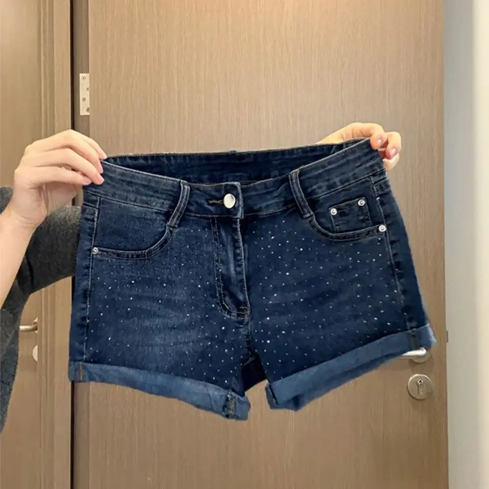 

American Style Spicy Girl Denim Shorts High Waist Diamond Sexy Hot Pants For Women 2025 Summer New Blue Rolled Edge Short Pant