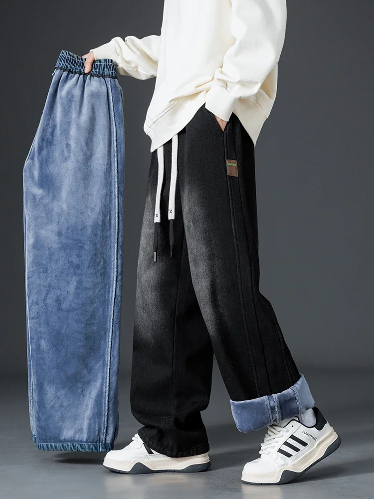 

Широкие джинсы, флисовые мужские зимние толстые теплые джинсовые брюки, модные корейские повседневные прямые мешковатые джинсовые брюки с завязками