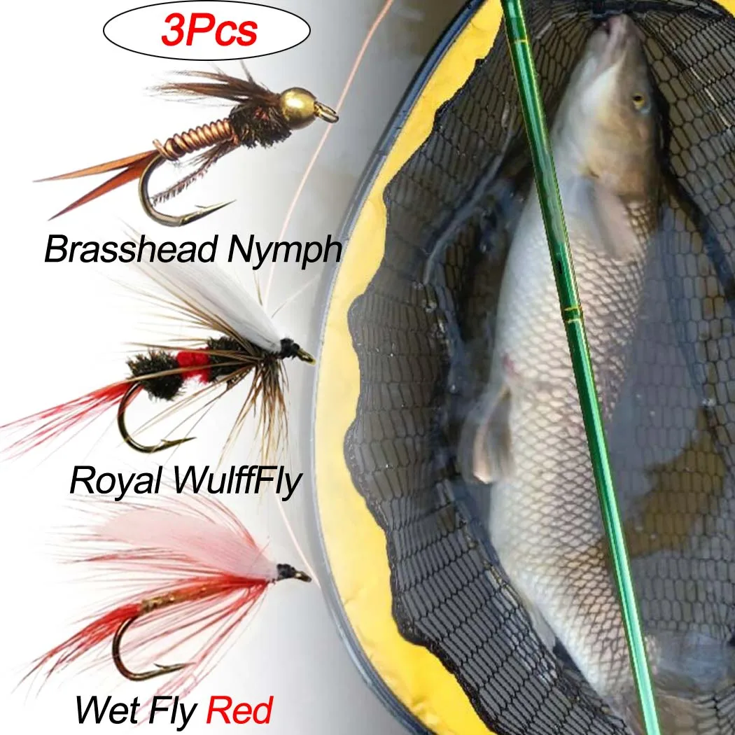 3Pcs Assortment  Different Styles Flies |Brasshead Prince Nymph,Royal WulffFly,Wet Fly Red | Trout, Steelhead, Bass Fishing Lure