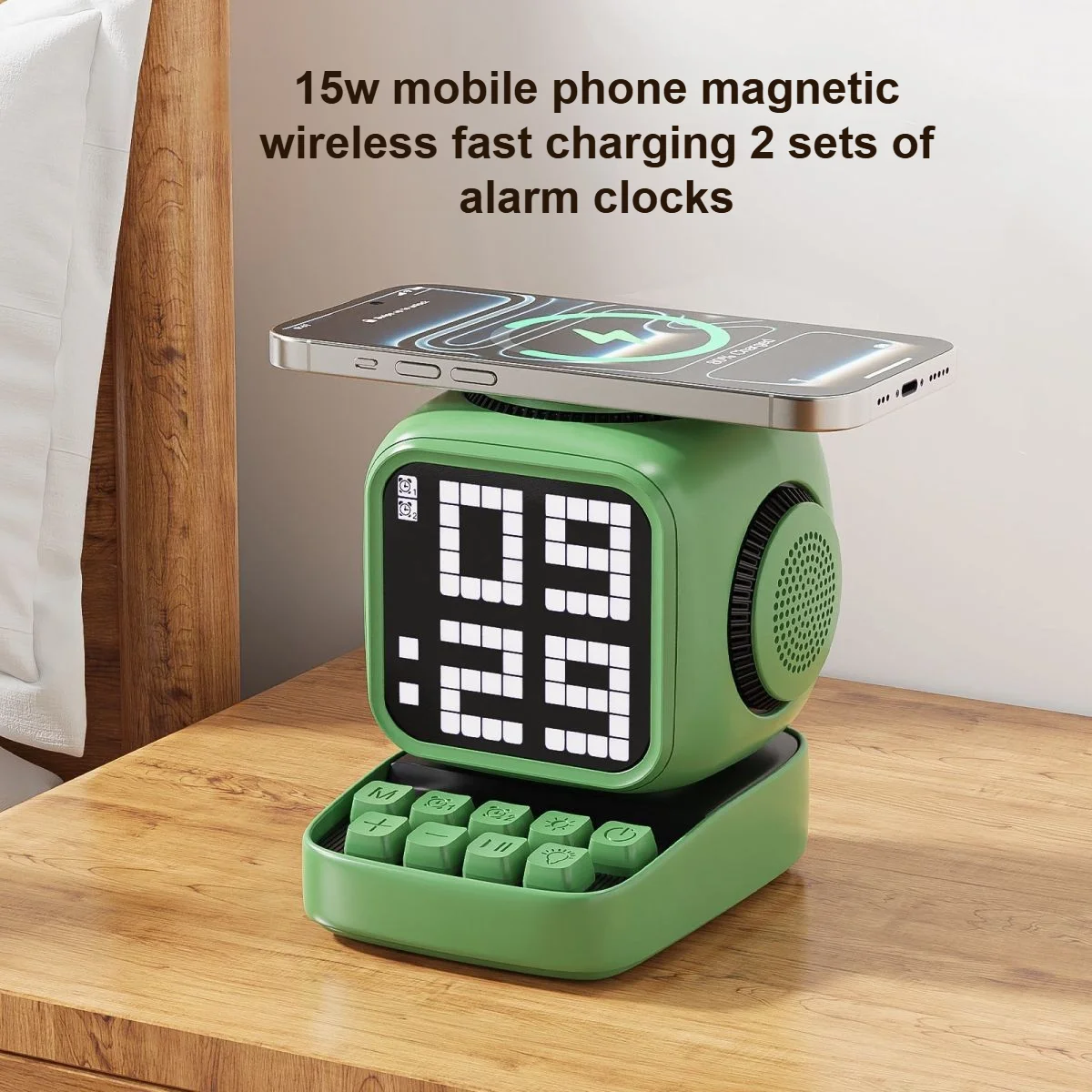 

Ретро Bluetooth-колонка с генератором белого шума, 15 Вт, магнитное беспроводное зарядное устройство, двойной будильник, LED-дисплей, портативный декор для стола