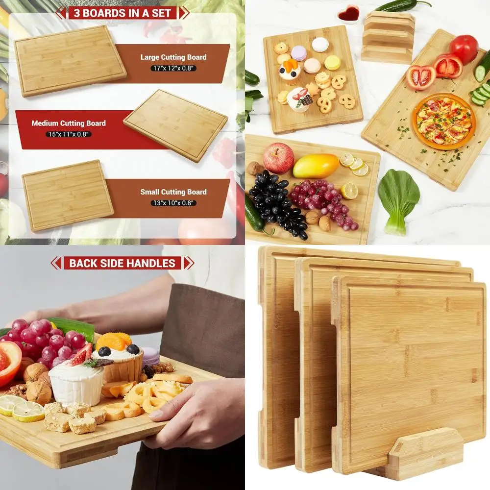 

Triple Wooden Chopping Board Set with Juice Groove and Built-in Handles for Kitchen Prep
