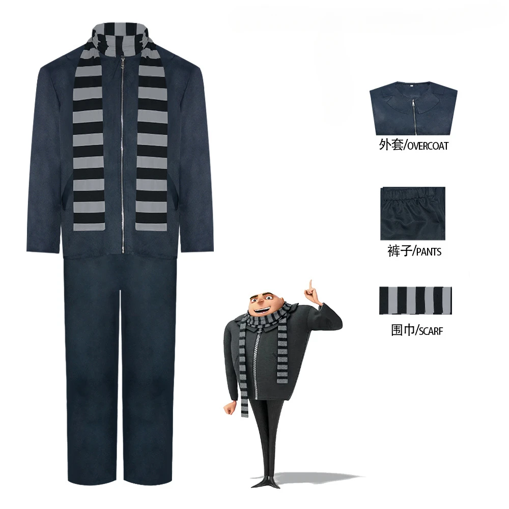 

Anime Despicable Me Gru Cosplay Costume Performance Men's Suit Striped Scarf Zipped Navy Casual Jacket Halloween Party Costume