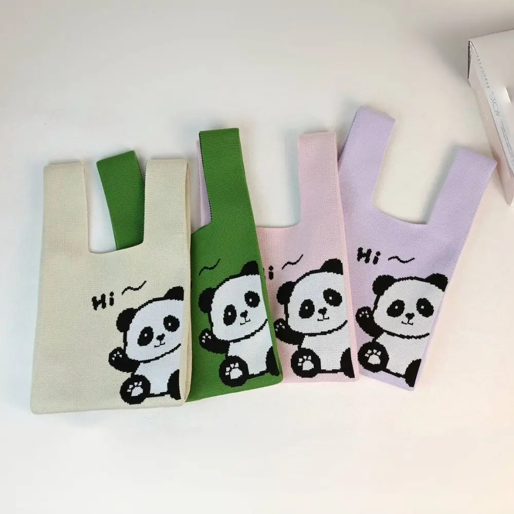 Cute Knit Handbag Handmade High-capacity Knit Knot Wrist Bag Panda Pattern Tote Bag Student