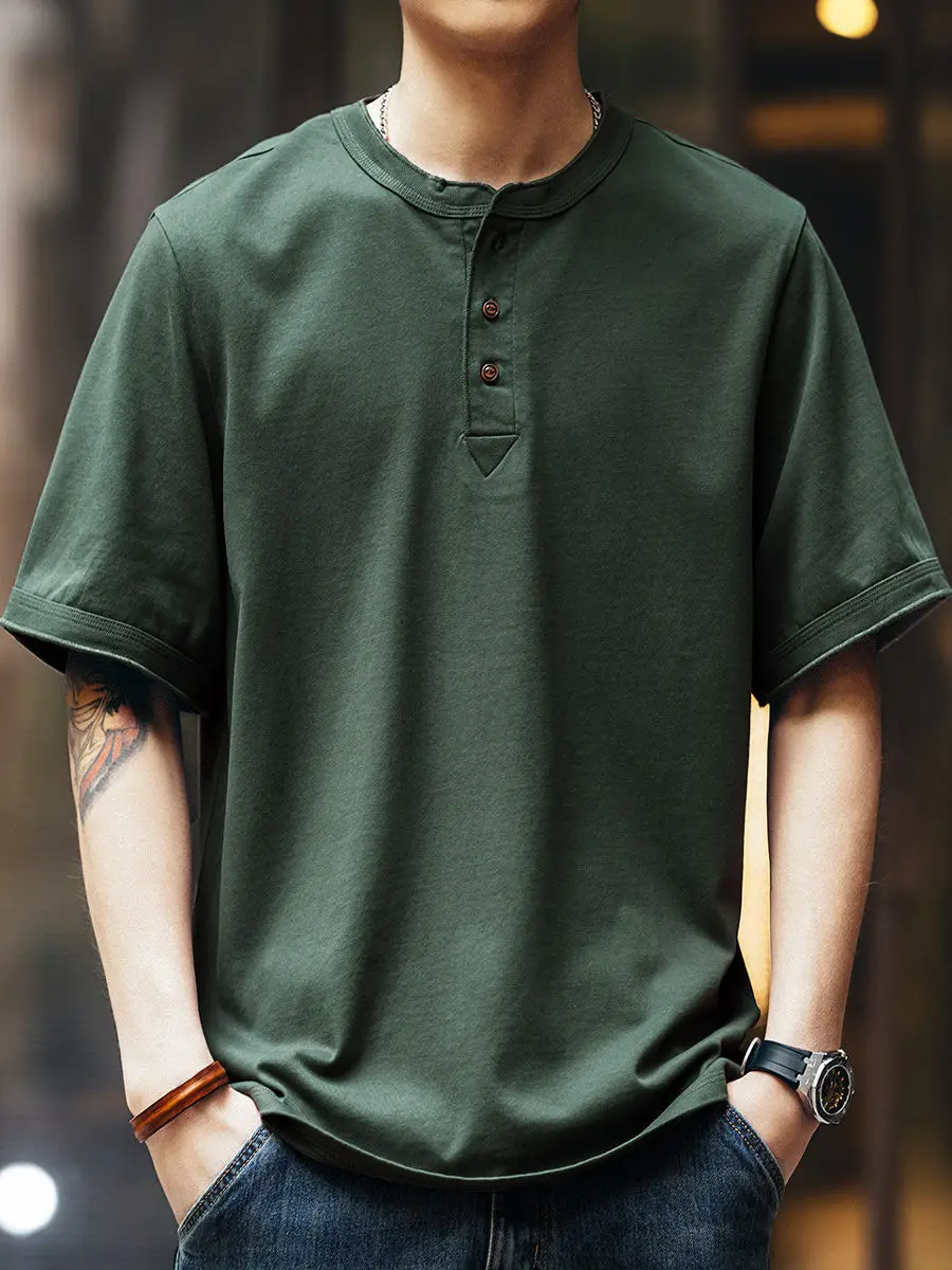 

Men's Vintage Henley Polo Shirt Retro Cotton Tee Loose Fit Summer Short Sleeve Casual Big & Tall Pairs w/ Denim or Cargo Shorts