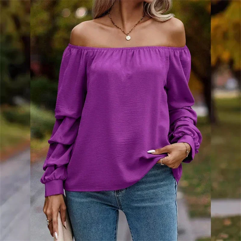 Fashion Stretch Off The Shoulder Neck Pullover Shirt Women Blouse Female Commuter Stacked Long Sleeve Tops New Casual Streetwear