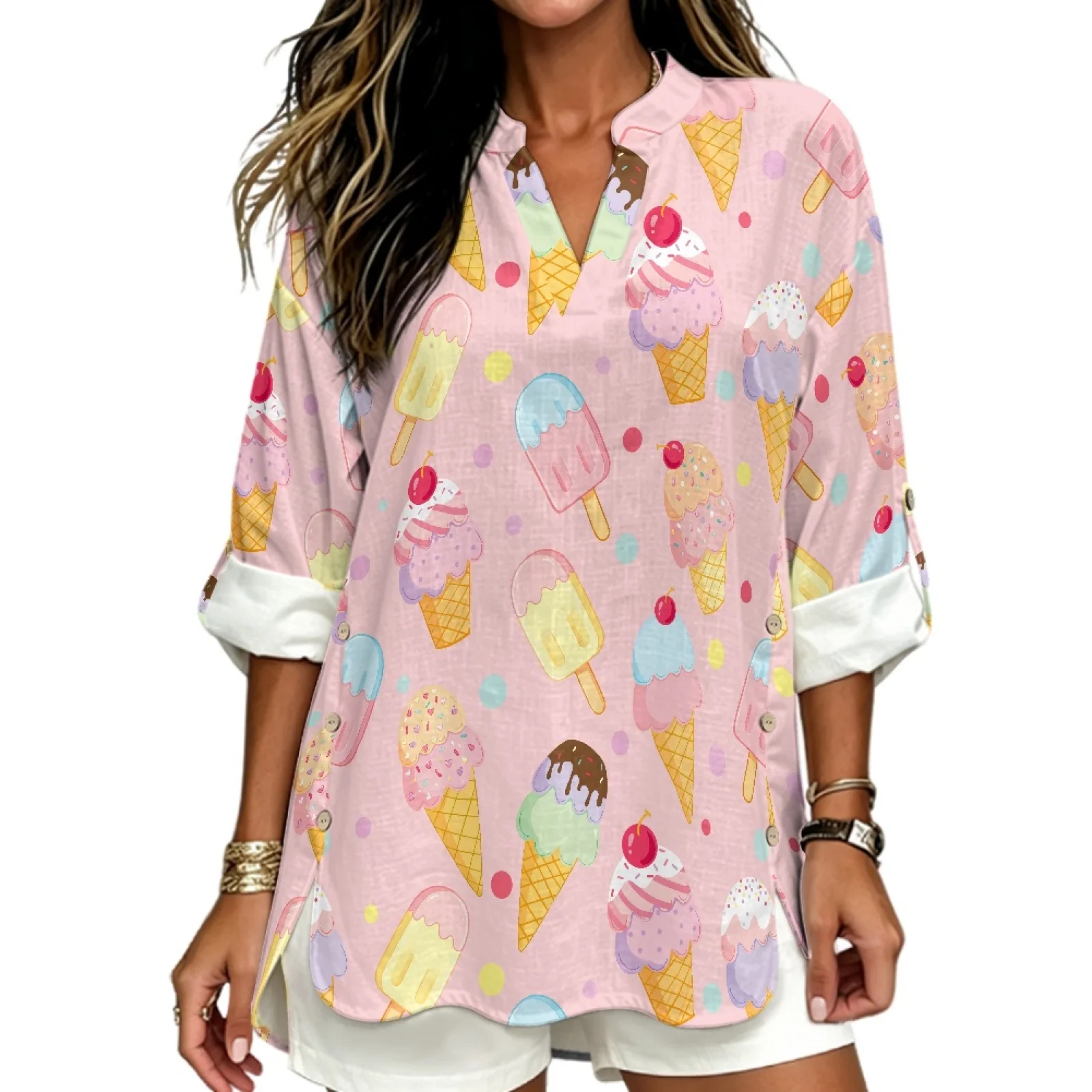 PENSTROLL Ice Cream Polka Dot Linen Style Tunic Blouse for Daily Wear Relaxed Fit Womens Long Sleeve Tops Tunic Dress Shirts view 2