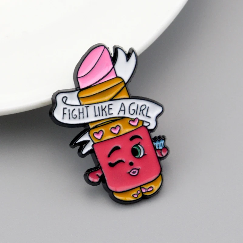 Feminism Badge Pin FIGHT LIKE A GIRL Lipstick Pink Metal Enamel Brooch