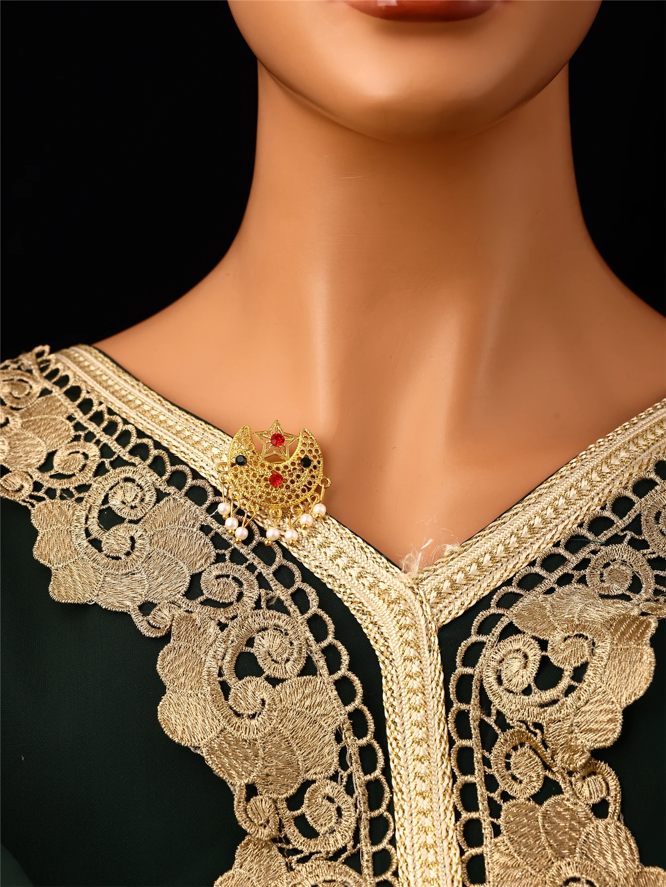 Vintage 2-in-1 Star Moon Hairpin Brooch Gold Hollow Rhinestone Pearl Tassel Moroccan Ethnic Jewelry