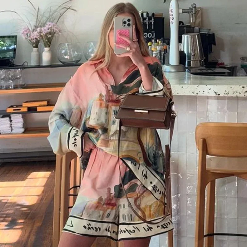 

Printed Lapel Shirt Top Shorts Set Oil Painting Poster Creative Loose Long Sleeved Floral Shirts Vacation Beach Blouse Shorts