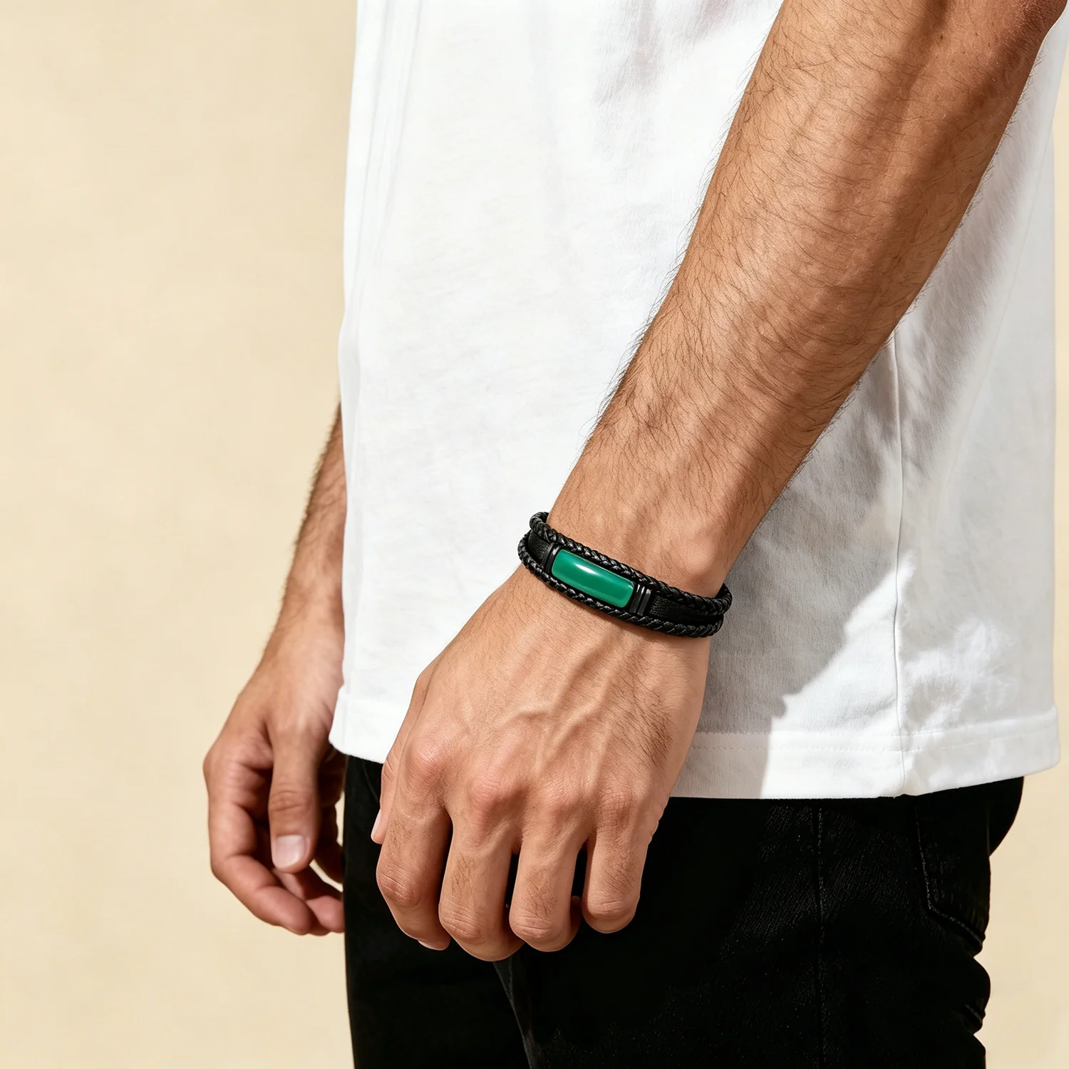 Naturkristallstein-Lederarmband für Männer – Geflochtenes Leder, Edelstahlverschluss, spiritueller Meditationsschmuck – Detail 12
