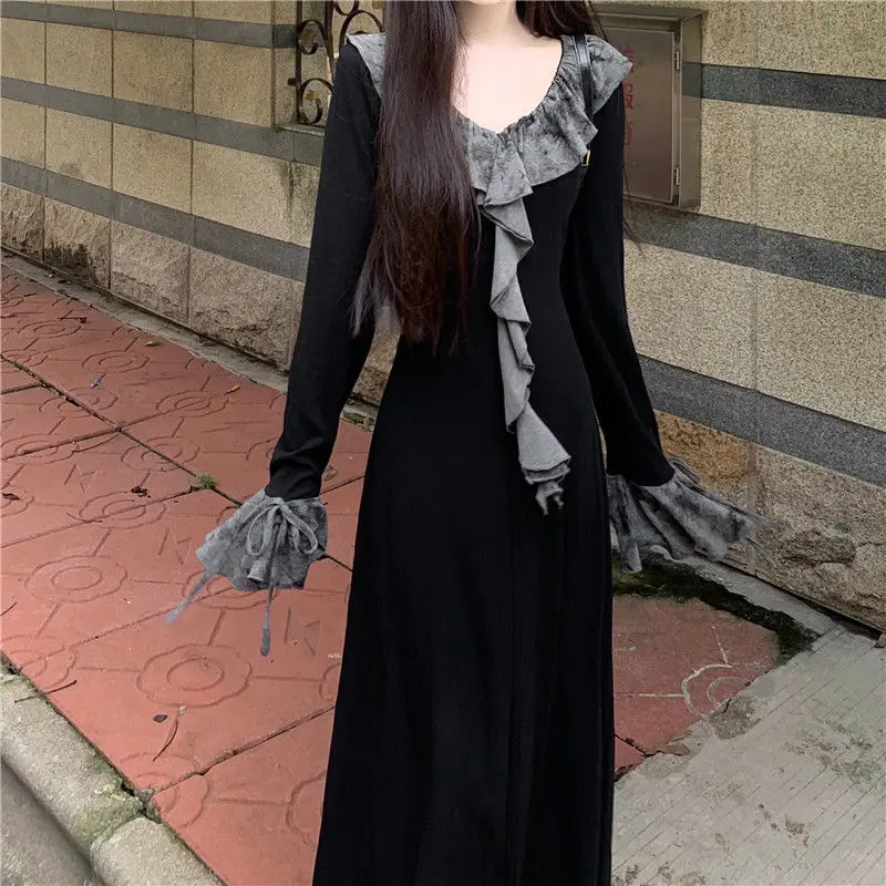 

French Style Elegant Long-sleeved Dress for Women Spring and Autumn Lotus Leaf Collar New Style Slimming Bottoming Long Skirt