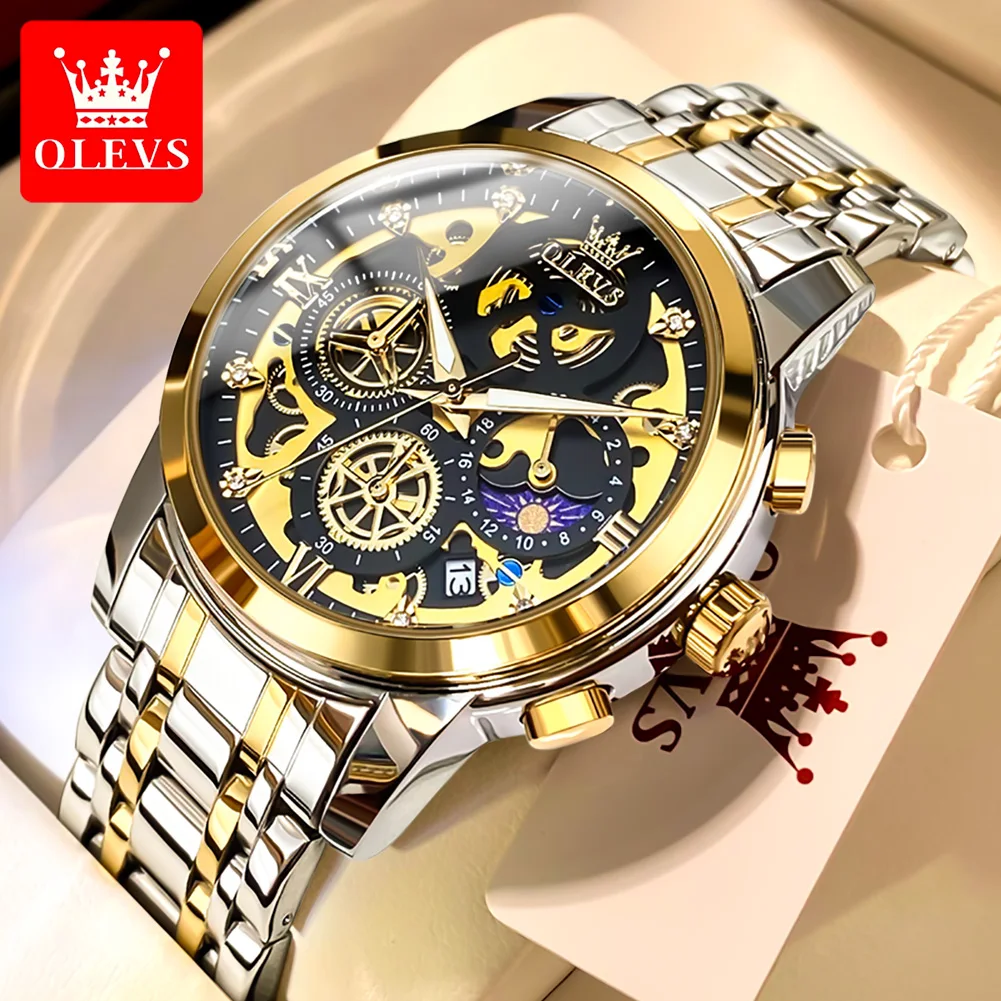 OLEVS Fashion Quartz Watch for Men Luxury Stainless Steel Men\'s Watch Waterproof Luminous Skeleton Design Dial Wristwatch Reloj