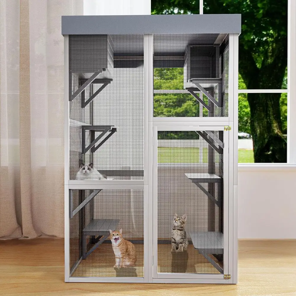 

Large 45.2 Wooden Outdoor Cat Enclosure with 6 Jumping Platforms & 2 Napping Houses, Movable Tarp Cover for Patio or Backyard, G