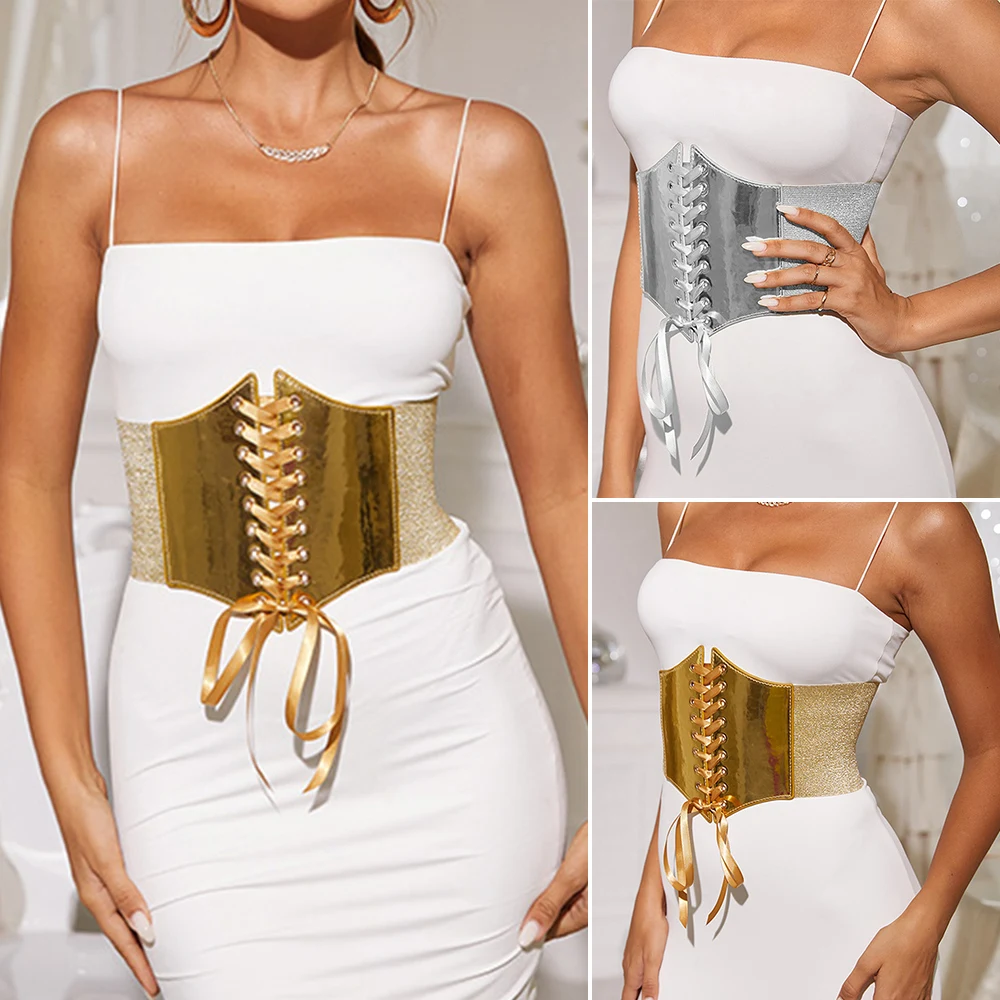 Women Corset High Elastic Cummerbund Gold Sliver Waistband Dress Skirt Coat Decorative Girdle Front Tie Up High Waist Corset