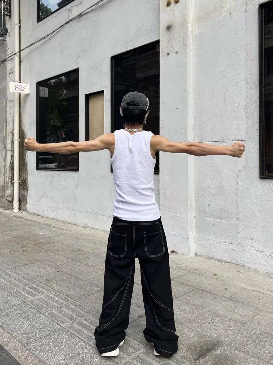 American Sle rétro déconstruit haute rue ligne brodée jean ample jambe droite jambe large pantalon Long pour le printemps