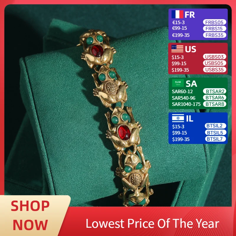 

Vintage Adjustable Frog Charm Bracelet with Natural Stone Eyes - 18K Gold Plated Unique Jewelry for Women