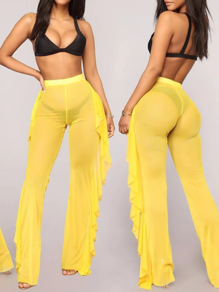 New Sexy Ruffle Women Beach Mesh Pants Sheer Wide Leg Pants Transparent See through Sea Holiday Cover Up Bikini Trouser Pantalon