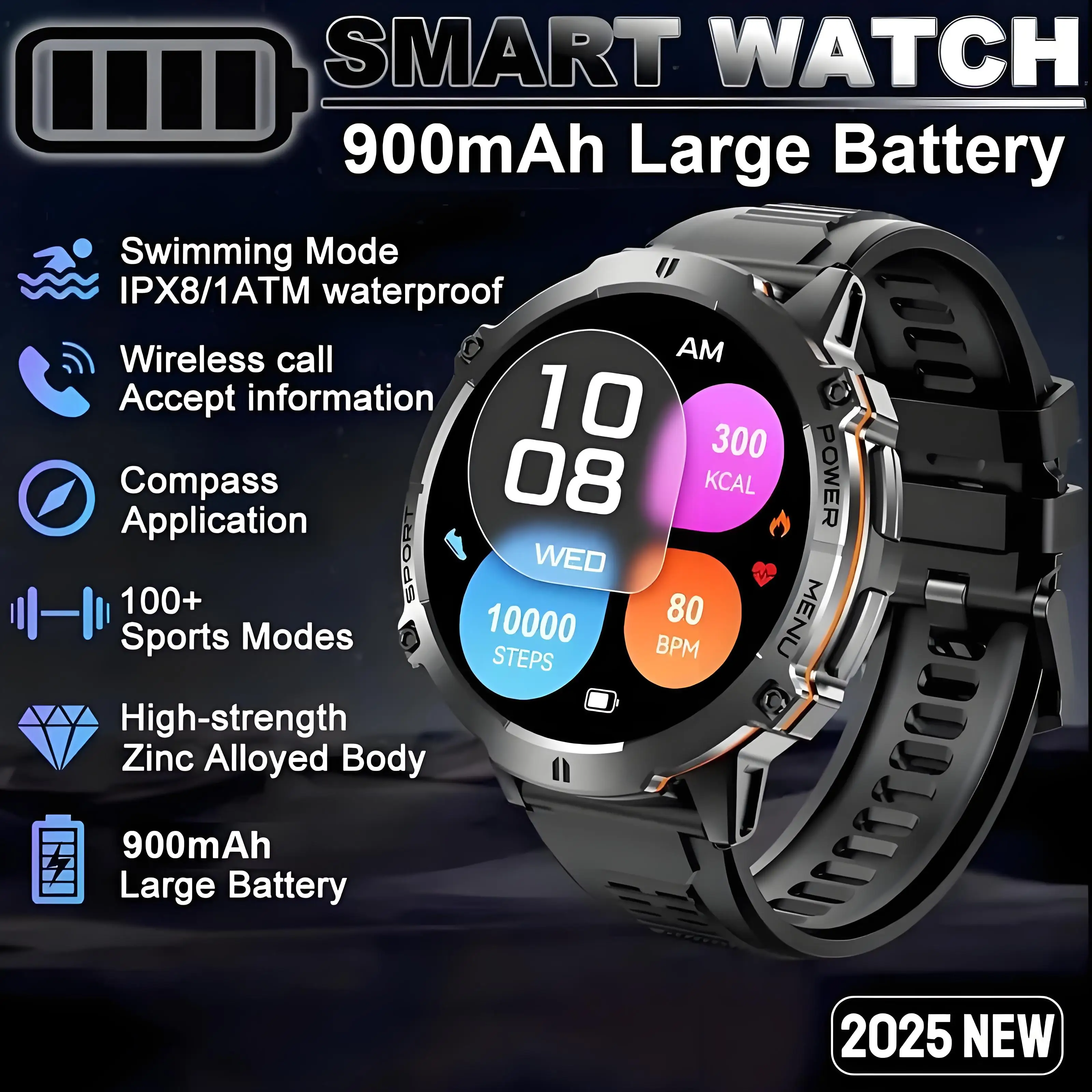 

Спортивные умные часы на открытом воздухе, аккумулятор 1000 мАч, 1,73-дюймовый AMOLED-экран, мужские часы, компас, умные часы BluetoothCall с высоким давлением