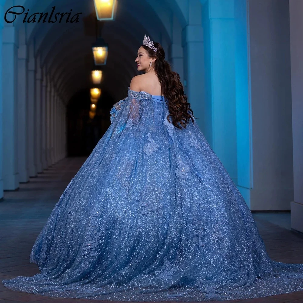 Light Blue Glitter Crystal Beading Ball Gown Quinceanera Dresses With Cape Off The Shoulder Appliques Corset Vestidos De 15 Años