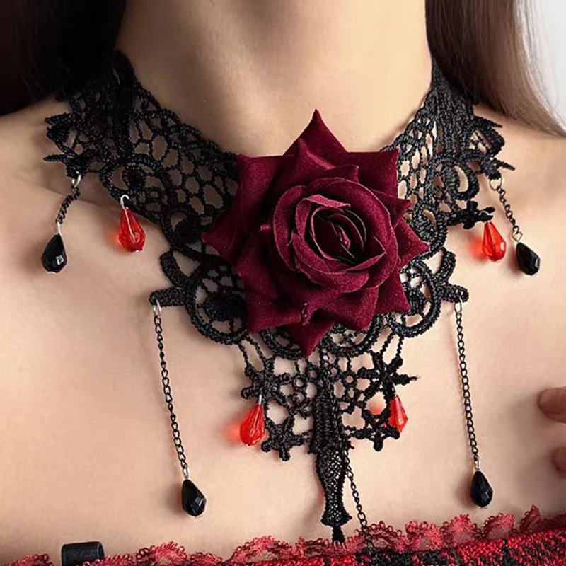 sexy lace rose necklace niche design tassel Chain pendant choker sweet cool fashion cosplay Halloween costume accessory Dark