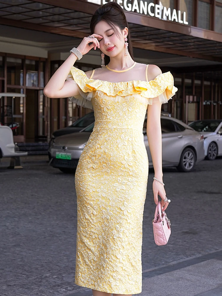 여성 의류 노란색 자카드 러플 섹시한 오프숄더 슬림 이브닝 드레스 우아한 여성 패션 파티 프롬 생일 드레스 신상품