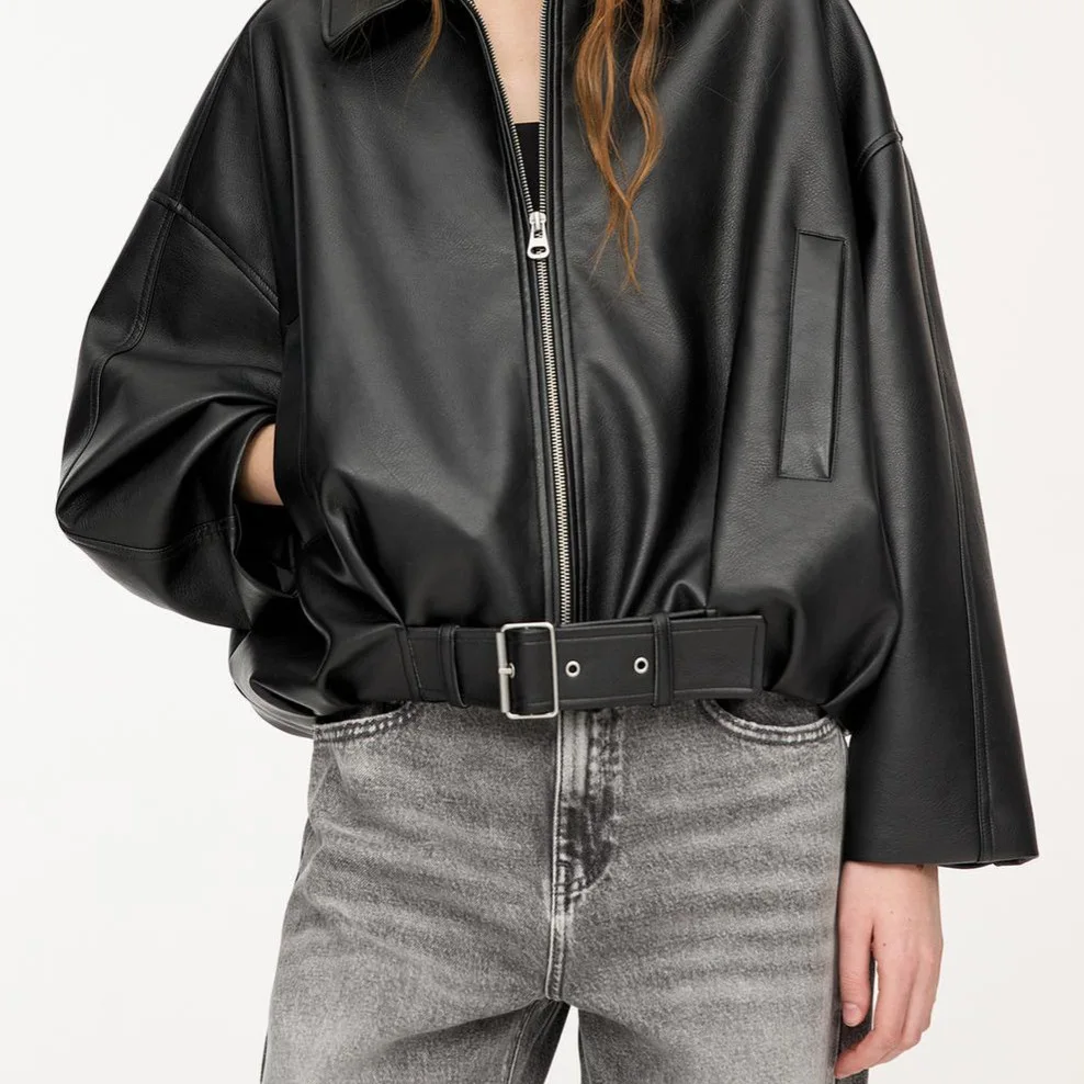 Damska kurtka motocyklowa w stylu retro ze sztucznej skóry, codzienna kurtka pilotka, długość ort, zapinana na zamek, bez kaptura, odzież jesienna.