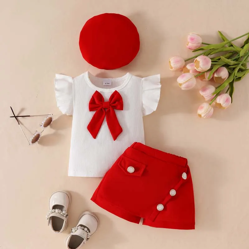 Baby Clothes Infant Girl Set 1-3Years Old Sleeveless Ruffle Bow Pit Stripe T-Shirt Top Solid Color Pantskirt Berets 3PCS Outfits