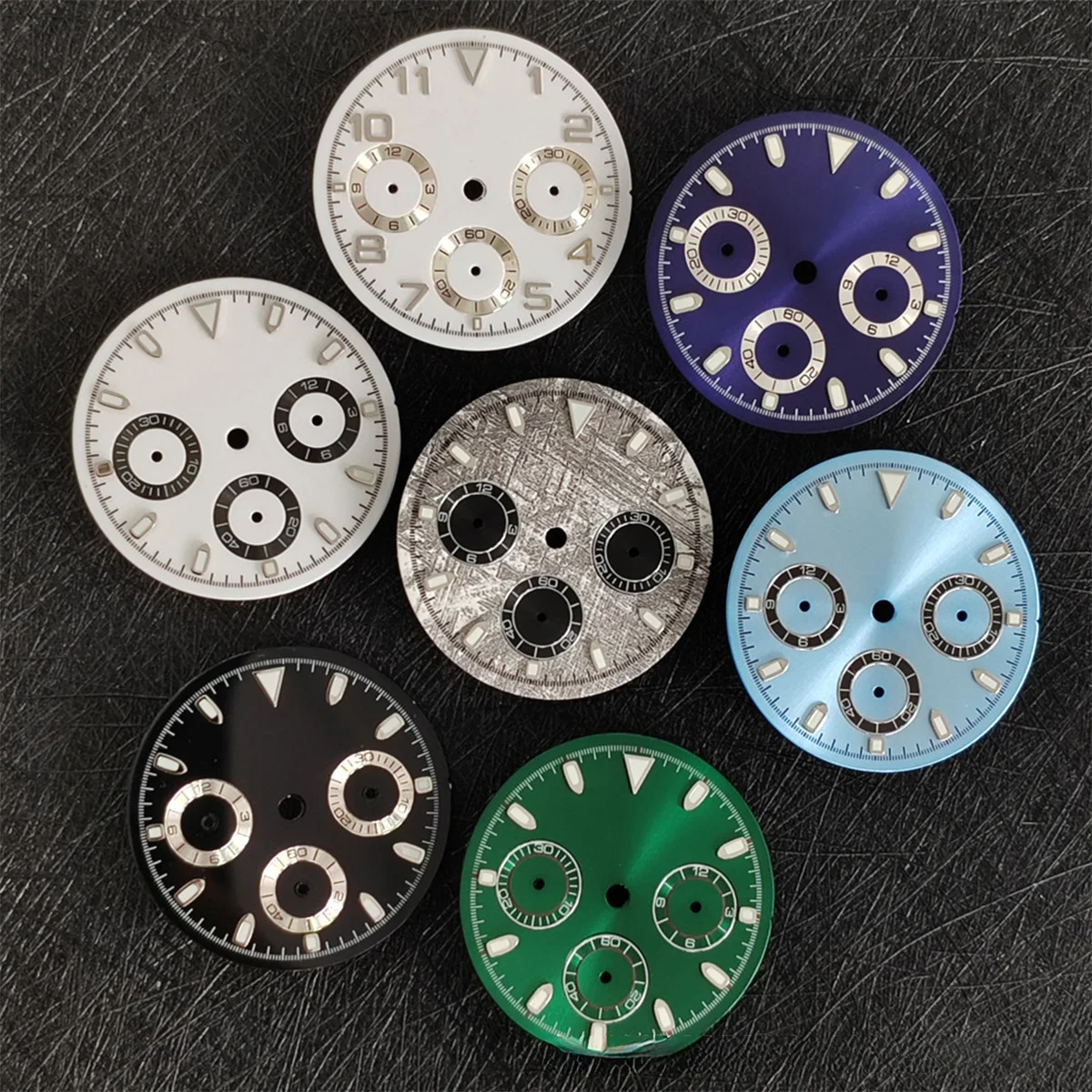 VK63 Zifferblatt 29mm für Quarz-Chronographen, 6 Zeiger, grün leuchtend, passend für 39mm Uhrengehäuse