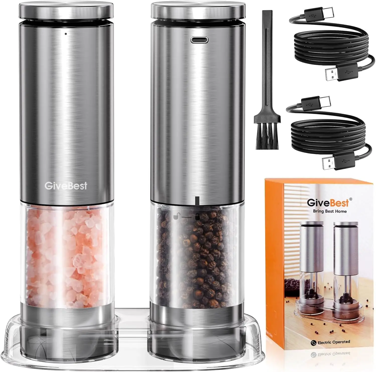 

Rechargeable Electric Salt Pepper Grinder Set, Stainless Steel Mills with 6-Level Adjustable Coarseness & Light