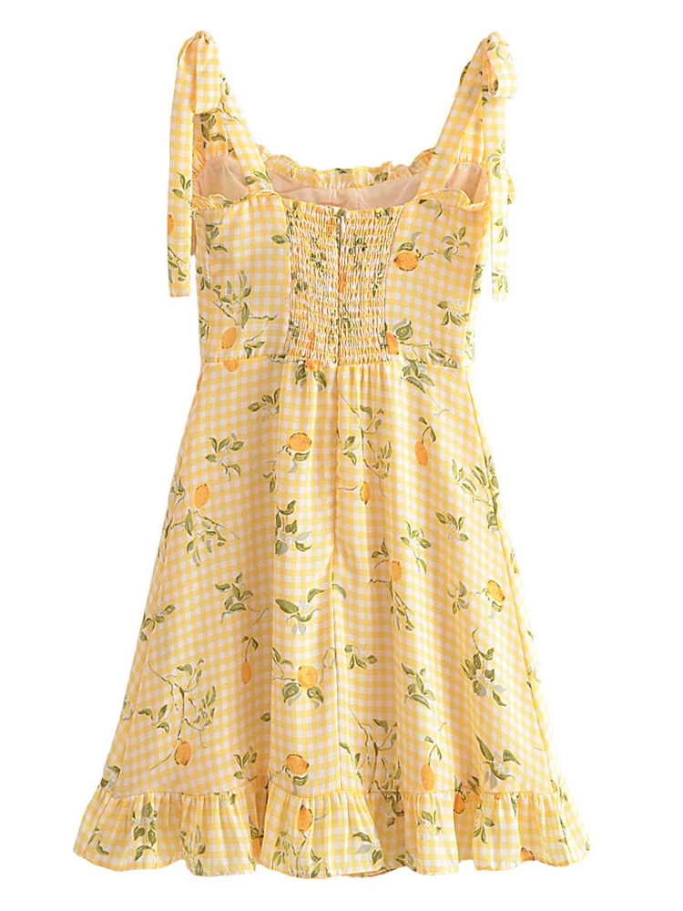 YENKYE 2022 Women Plaid Lemon Print Yellow Sling Short Dress Vintage Ladies Summer A-line Chiffon Dress French Style Vestido