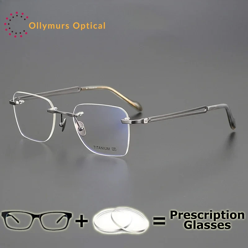 

OLLYMURS Prescription Glasses Men Rimless Frame Pure Titanium Ultra Light Customize Eyewear Myopic Lense Transition Dark Gray