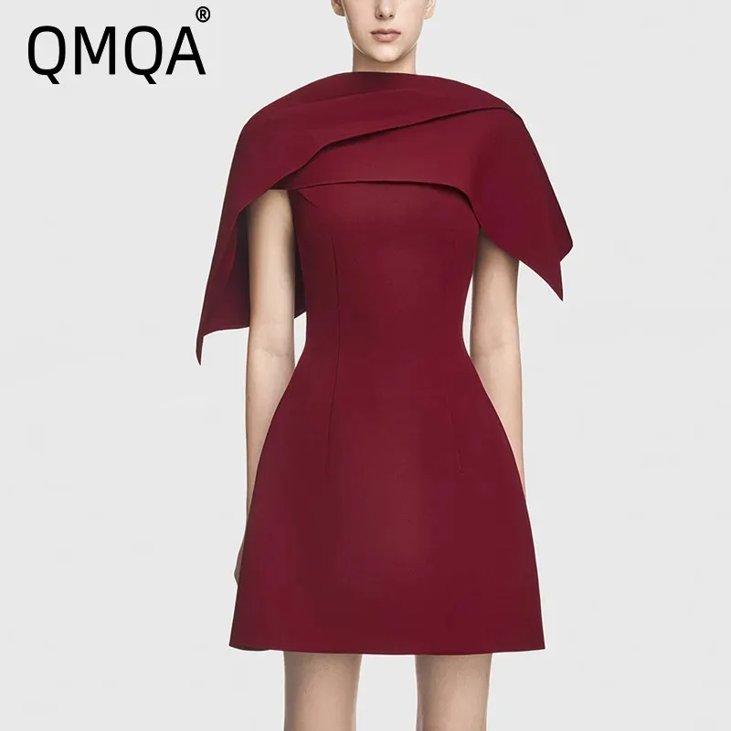 QMQA moda mujer banquete Mini vestidos bufanda cuello asimétrico hombro adelgazante vestido de fiesta 2025 ropa nueva femenina 1A975