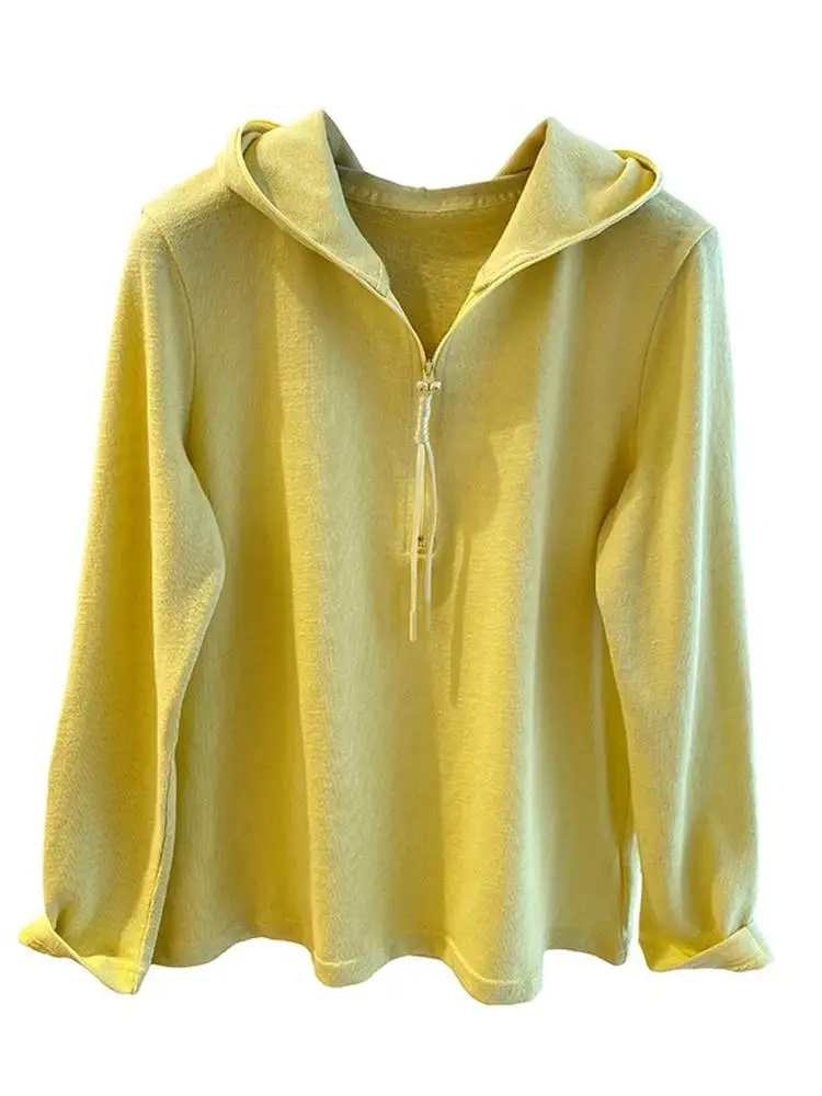 Camiseta Longa de Malha Solta com Capuz para Mulheres, Casual, com Zíper, Nova Chegada de Outono, Tamanho Plus Fashionável