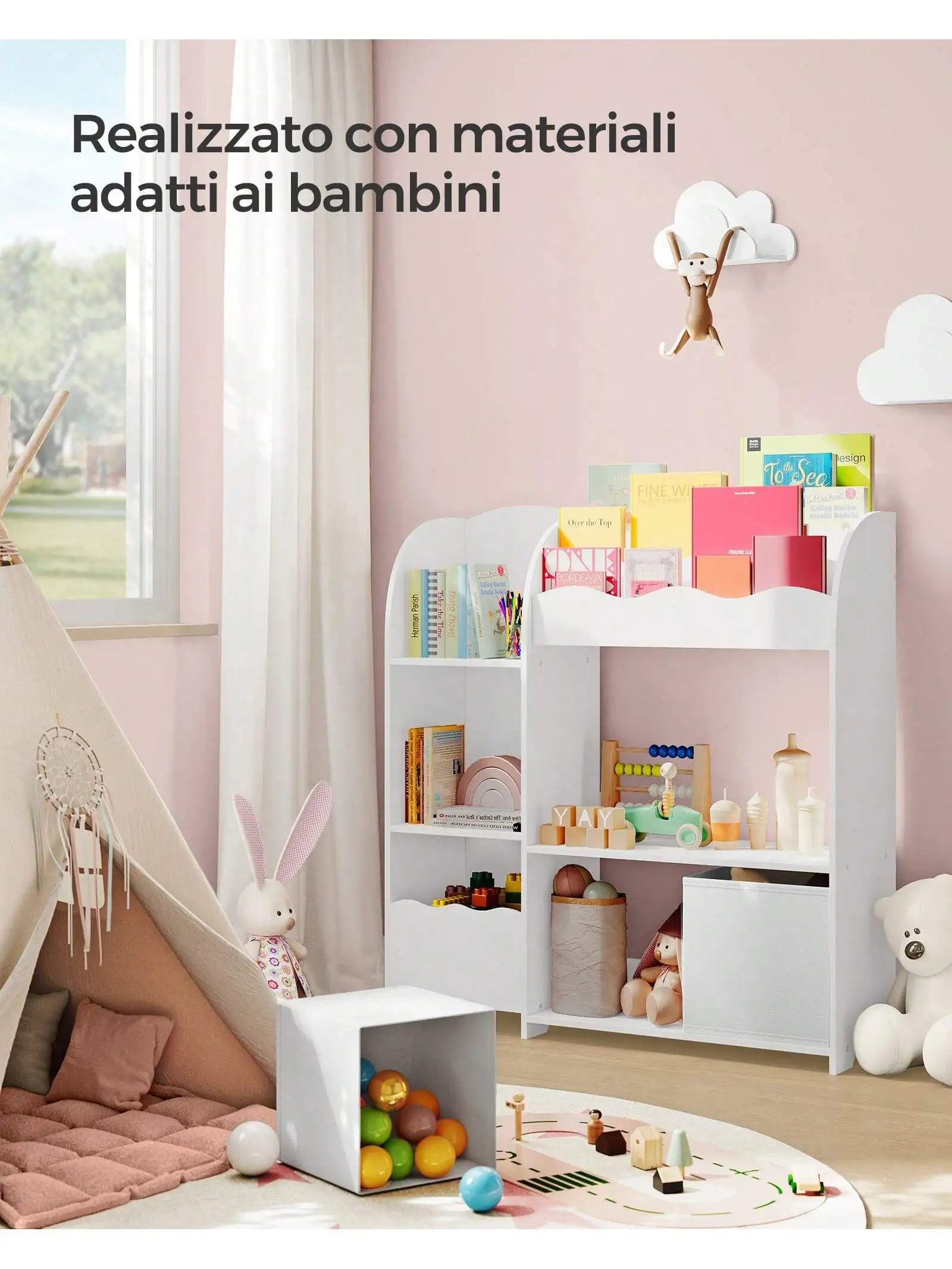 Mensola giocattolo SONGMICS, libreria per bambini, armadio per camera da letto con 2 contenitori per giocattoli, sala giochi, soggiorno, grigio