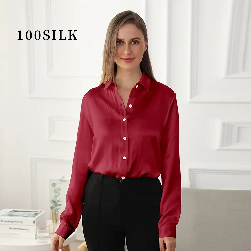 22MM 100% Mulberry Silk Woman Top Solid Color Lapel Long Sleeve Women Silk Shirt And Blouses Elegant Casual Cardigans