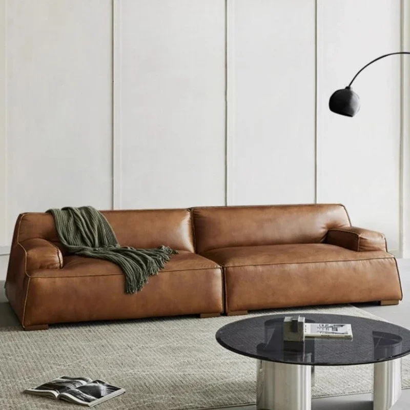 Living room sofa three-person small apartment designer minimalist oil wax leather sofa