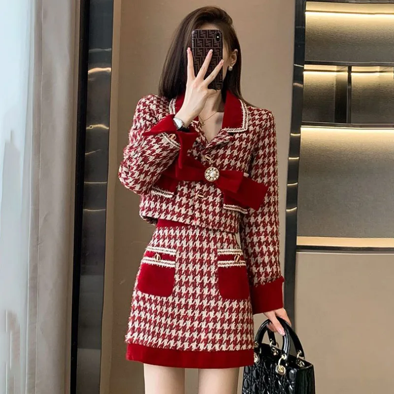 2024 Spring Autumn New Leisure Two-Piece Skirt Women Fashion Loose Bow Single-Breasted Suit Casual Jacket+Skirt Two-Piece Skirt