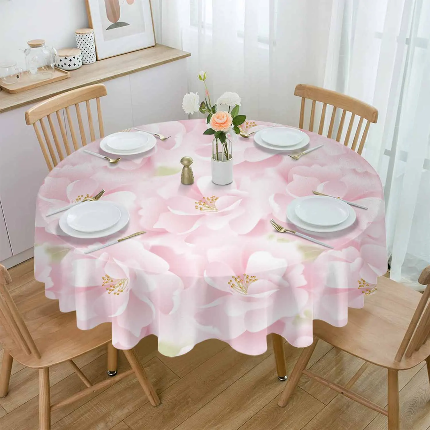 Pink Flower Roses Texture Round Table Cloth Festival Dining Tablecloth Waterproof Table Cover for Wedding Party Decor