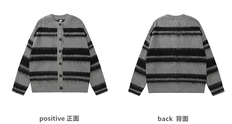 Autumn Winter New American Retro Style Soft Loose Casual Black Gray Knitted Cardigan Men's Blue Brown Striped Sweater