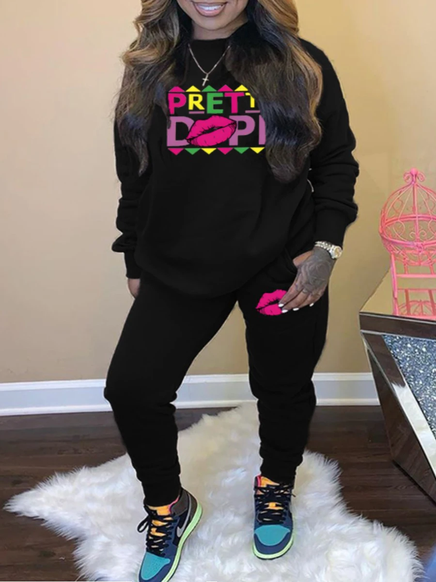 

LW Plus Size Two pices set Fleece Pink Letter Print Pants Set Tracksuits Women Two Piece Set Suits Casual 2pcs Outfits