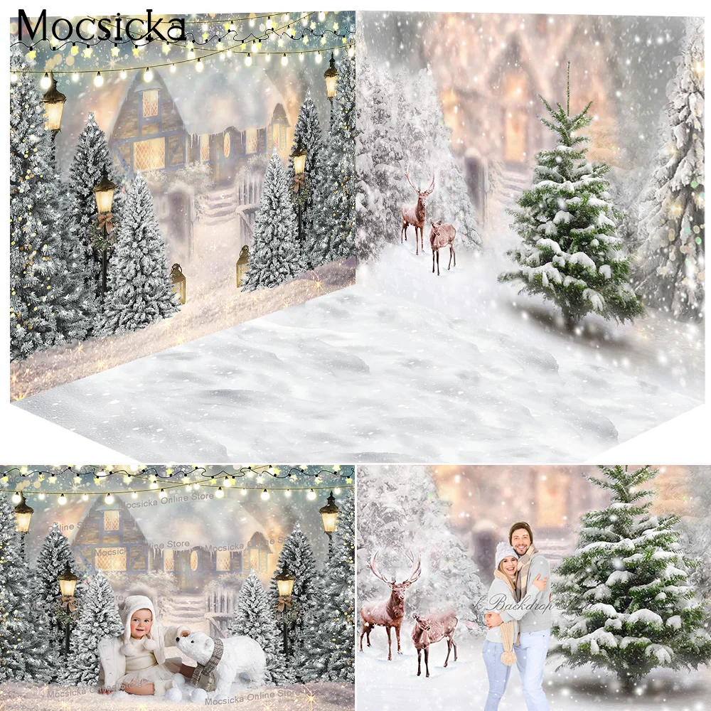 ฤดูหนาวแช่แข็ง House พื้นหลังฉากหิมะคริสต์มาสต้นไม้เด็กวันเกิด3d Glitter Xmas Room Portrait สำหรับ Studio Decor